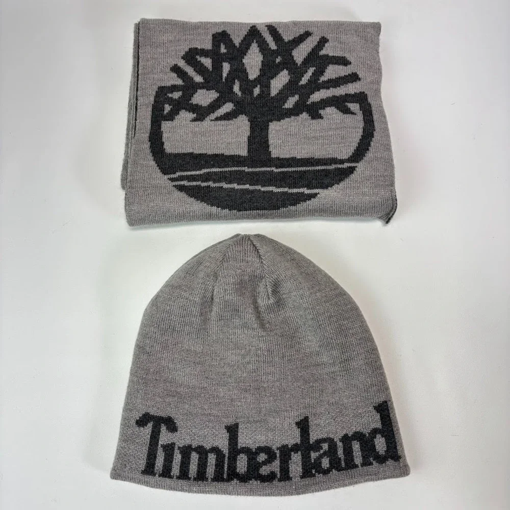 Timberland Men's Scarf & Reversible Beanie Hat Grey Big Logo 2022 Street NWOT